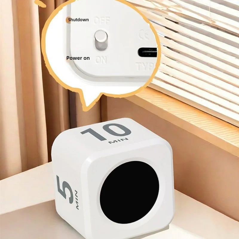 Temporizador cúbico de productividad con sensor de gravedad y pantalla LED.