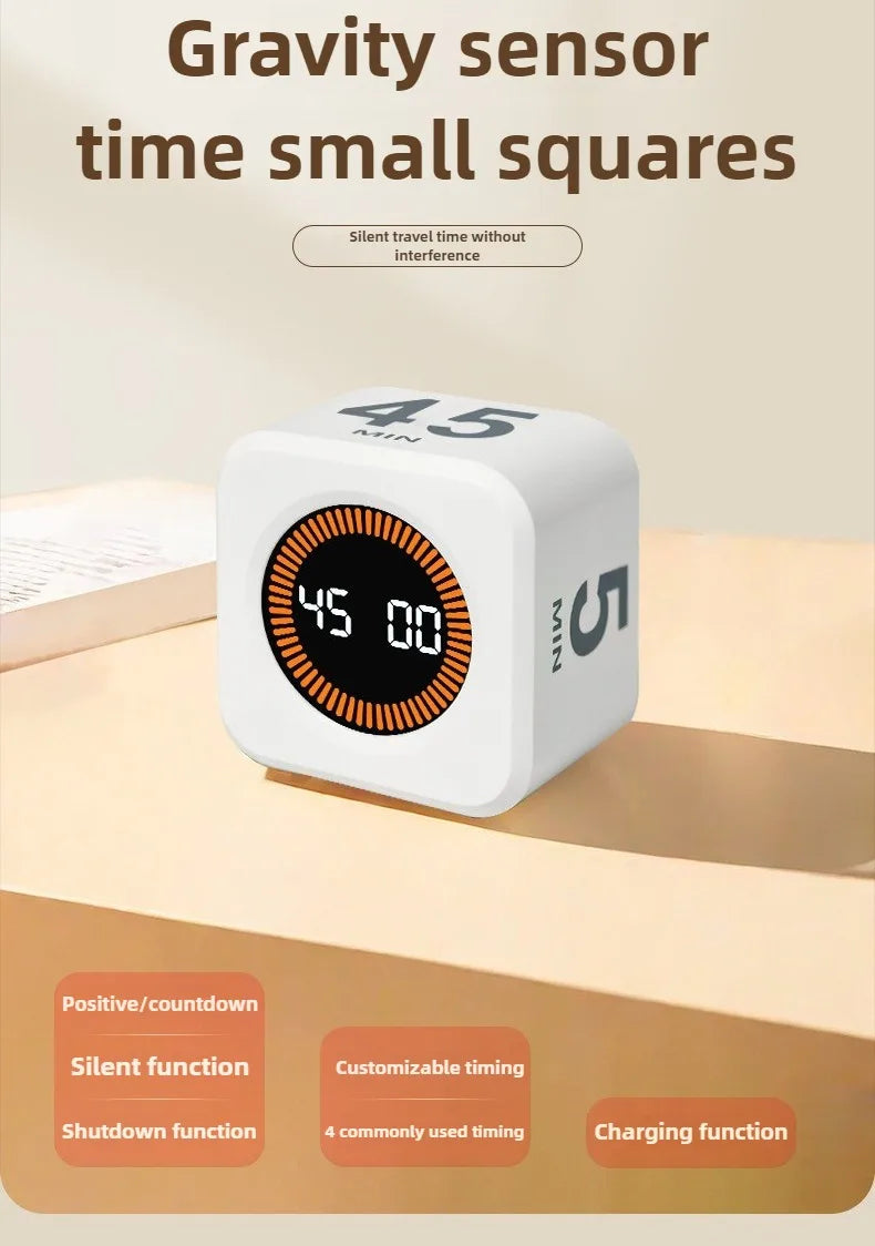 Temporizador cúbico de productividad con sensor de gravedad y pantalla LED.