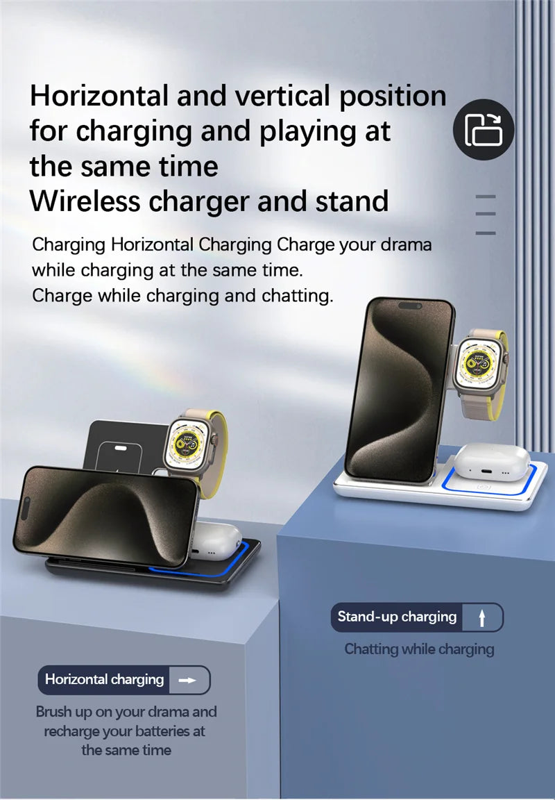 3 in 1 Wireless Charger Stand Pad Foldable Fast Charging Station Dock For iPhone 17 16 15 14 13 12 11 X 8 Apple Watch Airpods