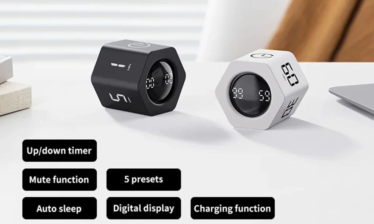 Temporizador cúbico de productividad con sensor de gravedad y pantalla LED.