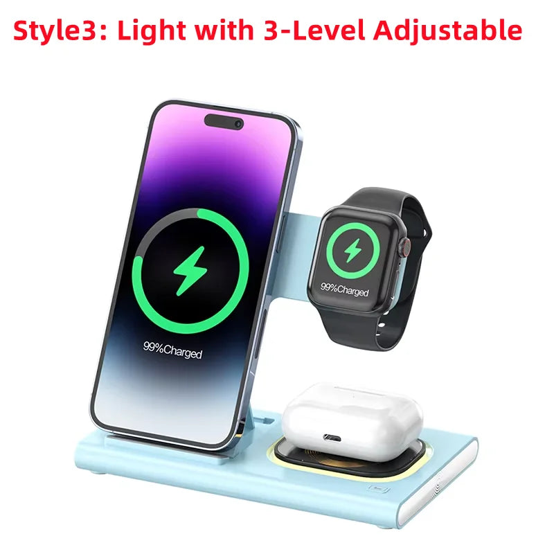 3 in 1 Wireless Charger Stand Pad Foldable Fast Charging Station Dock For iPhone 17 16 15 14 13 12 11 X 8 Apple Watch Airpods