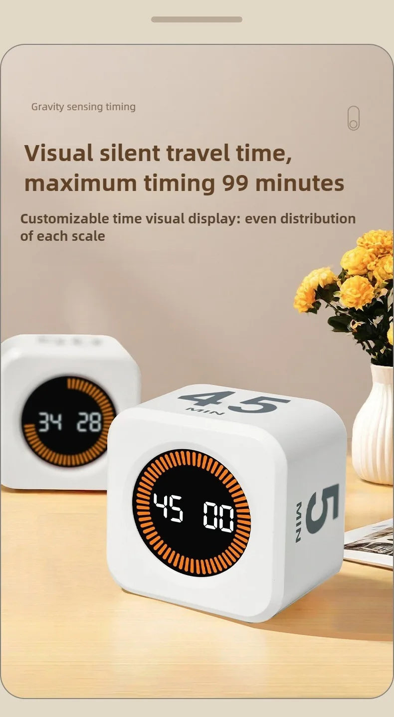 Temporizador cúbico de productividad con sensor de gravedad y pantalla LED.