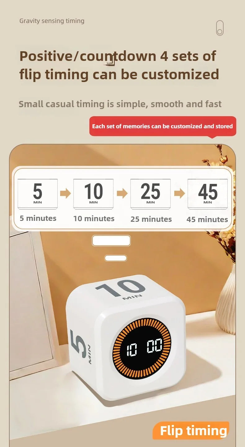Temporizador cúbico de productividad con sensor de gravedad y pantalla LED.