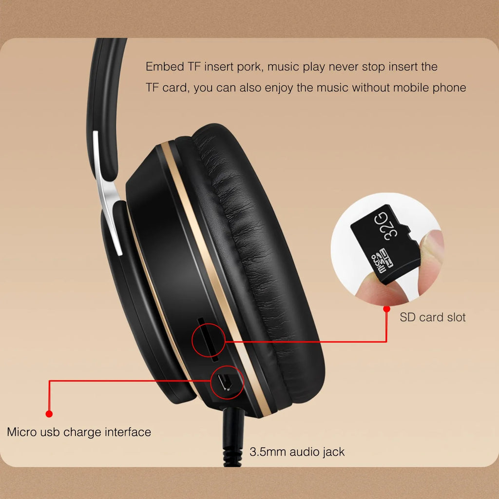 Auriculares inalámbricos Bluetooth con tarjeta SD y micrófono.