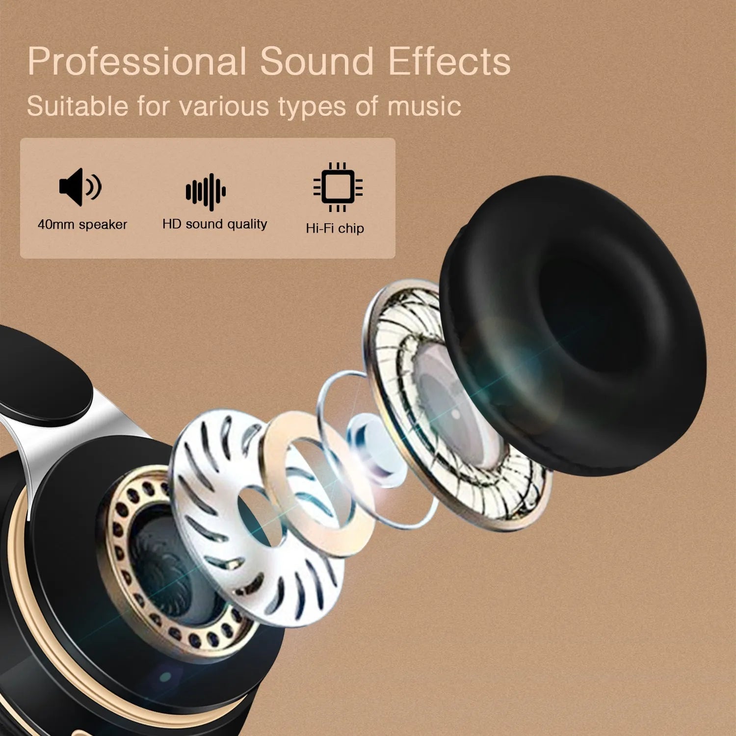 Auriculares inalámbricos Bluetooth con tarjeta SD y micrófono.
