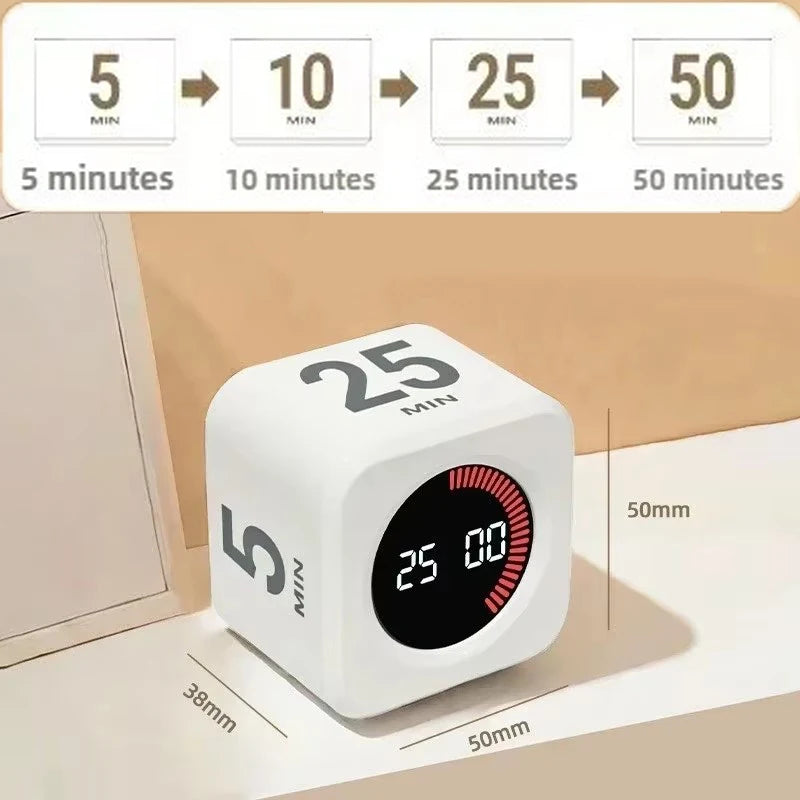 Temporizador cúbico de productividad con sensor de gravedad y pantalla LED.
